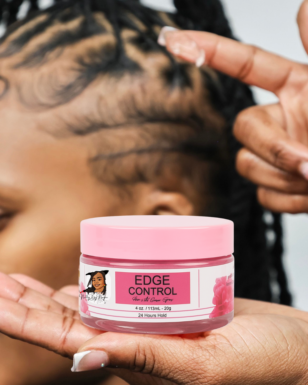 Woman Person holding a jar of Natty By Nayee Edge Control next to a woman’s sleek edges.